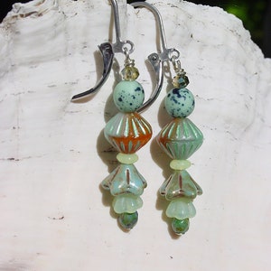 Seafoam Green and Orange Czech Glass Bead Earrings, Robin&#39;s Egg Seafoam, Bell Flower Earrings, Floral Earrings, Czech Bead Earrings