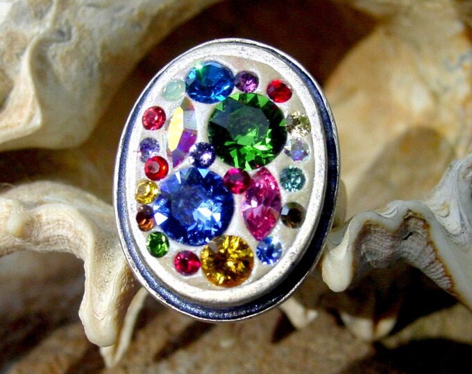 Multi-colored Swarovski Crystal Chaton Ring, Bling Ring, Pewter Ring ...