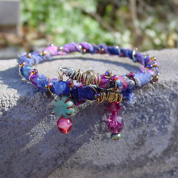 Memory Wire Bracelet, Upcycled Fabric Bracelet, Navy Blue, Purple and Fuchsia Print Fabric Covered Coil Bangle Bracelet with Charms