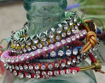 Colored Leather Cord Bracelet,Rhinestone Chain Bracelet, Button Closure, Rhinestone Bracelet, Glamour Boho Bracelet