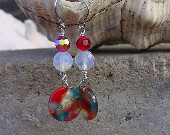 Resin and Czech Glass Bead Earrings, Acetate and Czech Glass Earrings, Plastic and Czech Glass Bead Earrings, Red, white and Blue Earrings