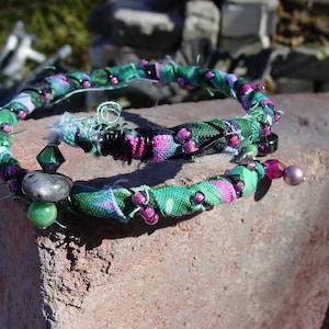 Fabric Covered Memory Wire Bracelet, Upcycled Fabric Bracelet, Pink and Green Coil Bracelet,  Fabric Covered Coil Bangle Bracelet