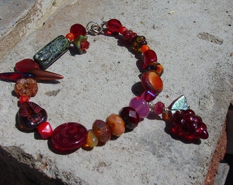 Burgundy, Orange and Pink Opal Czech Glass Bead Bracelet, Czech Glass Flower Bracelet, Flower Garden Bracelet