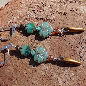 Aqua Opal Leaves with Copper Etching and Copper Metallic Thorn Bead Earrings, Brass Bead Earrings, Floral Earrings on Sterling Silver