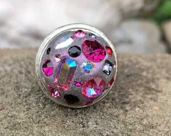 Bling Ring, Swarovski Ring, Pewter Ring, Pink Swarovski Crystal Chaton and Crystal Clay Adjustable Silver Ring, Statement Ring