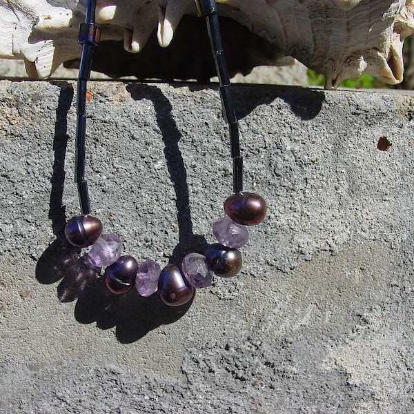 Dainty Amethyst and Lavender Peacock Freshwater Pearl Bugle Bead Necklace, Layering Necklace, Minimalist Necklace