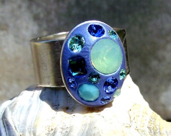 Periwinkle Blue Swarovski Crystal Chaton Ring, Adjustable Ring, Sea Blue Ring and Crystal Clay Adjustable Silver Plated Pewter Ring