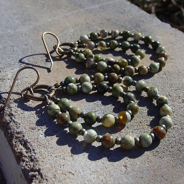 Rhyolite  and Glass Seed Bead Earrings on Brass Ear Wires, One of a Kind Earrings, Boho Earrings, Green Earrings