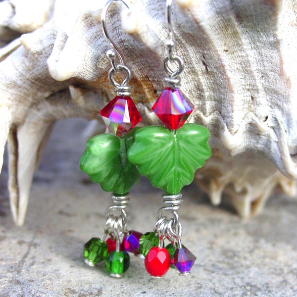 Christmas Earrings,  Czech Maple Leaf Earrings, Green Czech Glass Beads, Red Swarovski Crystal Earrings, Baubles Handcrafted Earrings