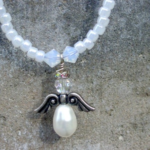 Swarovski Angel Necklace, Christmas Angel Necklace,  Pearl Angel Necklace, Swarovski Crystal, Pearl and Pewter Angel Necklace