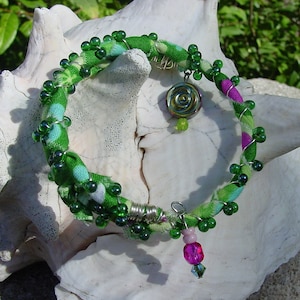 Fabric Covered Memory Wire Bracelet, Upcycled Fabric Bracelet, Pink and Green Coil Bracelet,  Fabric Covered Coil Bangle Bracelet