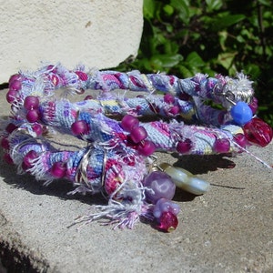 Upcycled Periwinkle Fabric Covered Memory Wire Bracelet with Matte Raspberry Seed Beads and Charms on the Ends, Fabric Bracelet