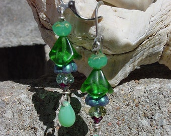 Emerald, Metallic Green and Seafoam Green Czech Glass Bead Earrings, Flower Earrings, Czech Flower Earrings, Green Floral Earrings