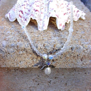 Swarovski Angel Necklace, Christmas Angel Necklace,  Pearl Angel Necklace, Swarovski Crystal, Pearl and Pewter Angel Necklace