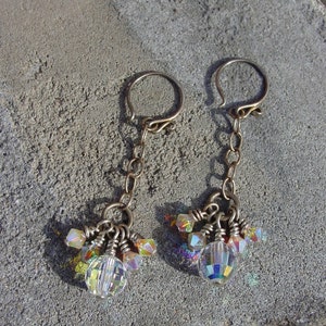 Swarovski Crystal AB Disco Ball, White Opal 2AB Earrings, Crystal AB, Long Sterling Silver Chain Dangly Cluster Earrings