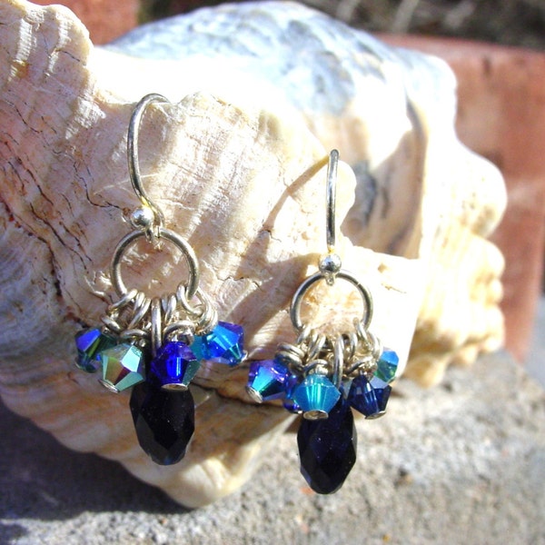 Swarovski Dark Indigo Earrings, Swarovski Cluster Earrings, Caribbean Blue, Cobalt Blue AB, Capri Blue 2AB. Sapphire Satin, Indicolite 2AB,