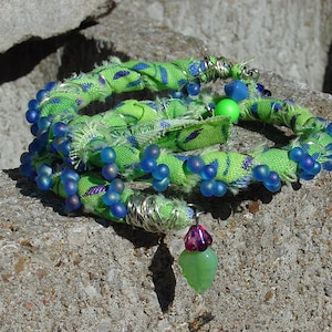 Bright Green, Blue and Purpe Fabric Wrapped Memory Wire Bracelet, Upcycled Fabric Wrapped Bracelet, Grass Green Memory Wire Bracelet