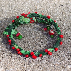Christmas Memory Wire Bracelet, Upcycled Fabric Bangle Bracelet with Multi Colored Fabric wrapped with Charms on the ends, Charm Bracelet