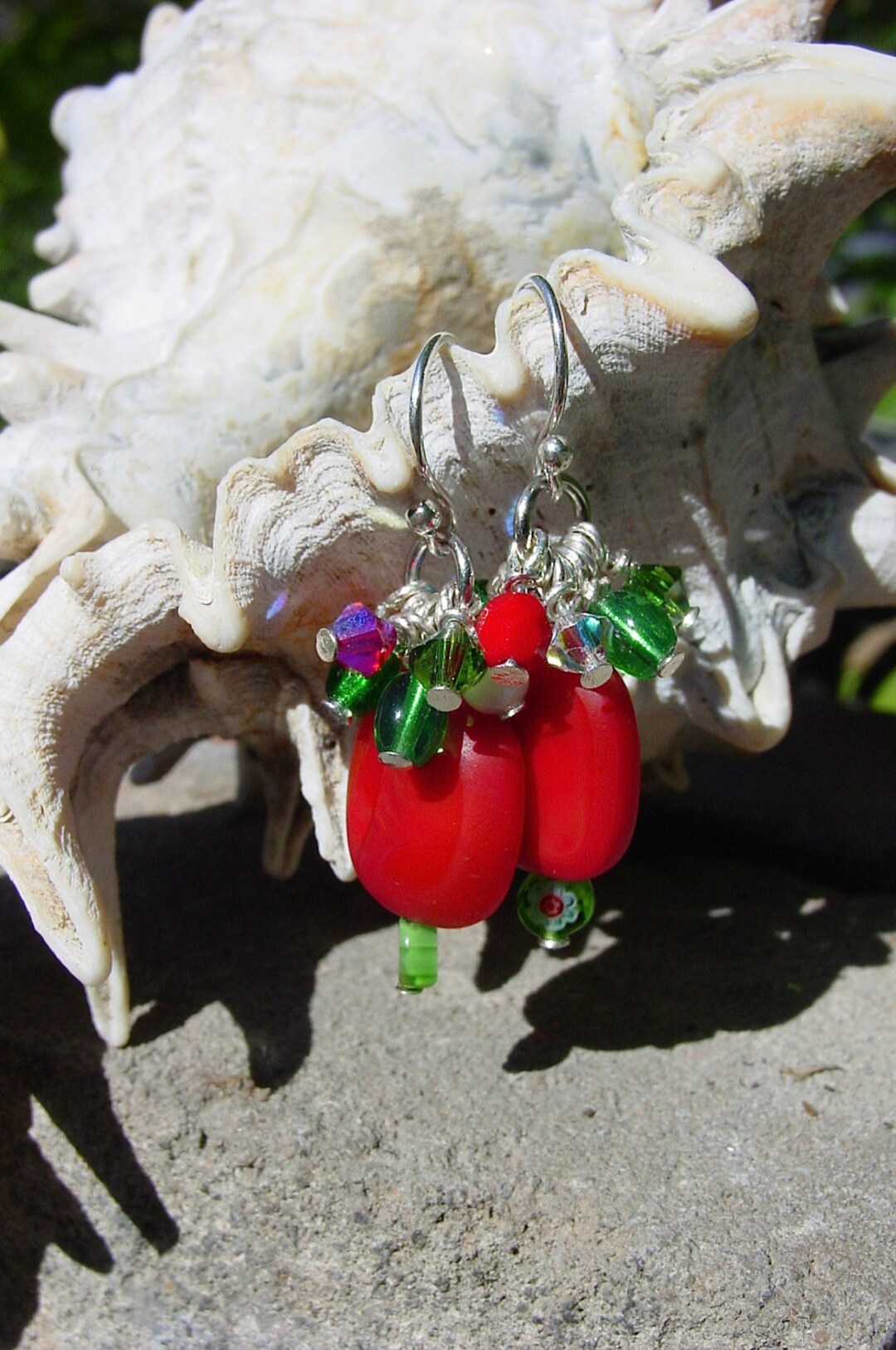Boucles D'oreilles Pendantes Perles Verre Millefiori Rouges - Création Artisanale