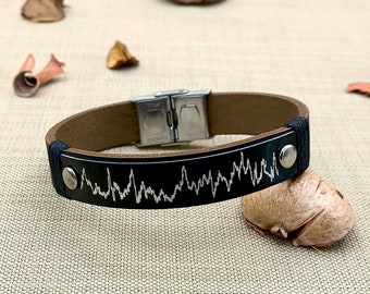 Personalized Voice Message Engraved Leather Bracelet, Custom Soundwave Bracelet with QR Code, Heartbeat, EKG, ECG, Ultrasound Gift for Mens