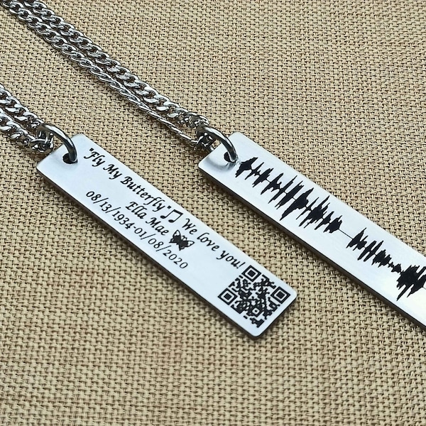 Sound Wave Rectangle Necklace with QR Code Created Heartbeat, Voice Message, Voicemail, Song, Video Engraved Soundwave Jewelry, Gift for Him