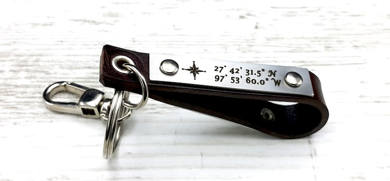 custom coordinates leather keychain for mens gps coordinates key chain for him engraved coordinates keychain personalized gift travel gift