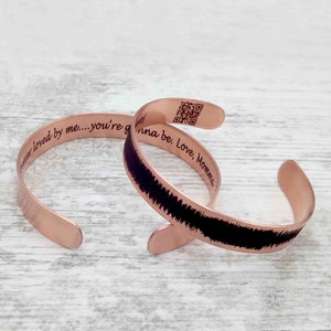 First Dance Song Soundwave Copper Cuff Bracelet, QR Code Engraved 7th Anniversary Gift, Favorite Song or Personal Message