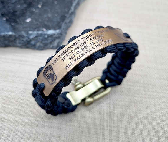 Military Memorial Paracord Bracelets, Custom Engraved Army Survival Bronze  Bracelet, Adjustable Brass Shackle Clasp 