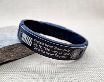 Black Military Memorial Bracelet - Personalized Leather Bracelet - KIA Bracelet - In Memory of Fallen Soldiers - Honor the Fallen