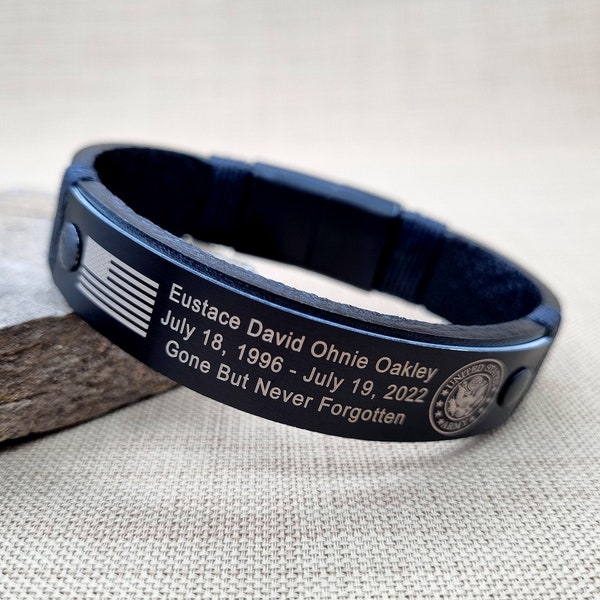 Black Military Memorial Bracelet - Personalized Leather Bracelet - KIA Bracelet - In Memory of Fallen Soldiers - Honor the Fallen