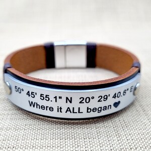 Pulsera de cuero con coordenadas GPS personalizadas, placa de aluminio grabada, regalo de aniversario