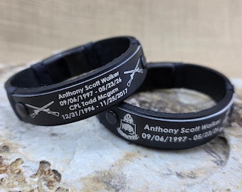 Black Military Memorial KIA Bracelet - Personalized Leather Bracelet - KIA Bracelet - In Memory of Fallen Soldiers - Honor the Fallen