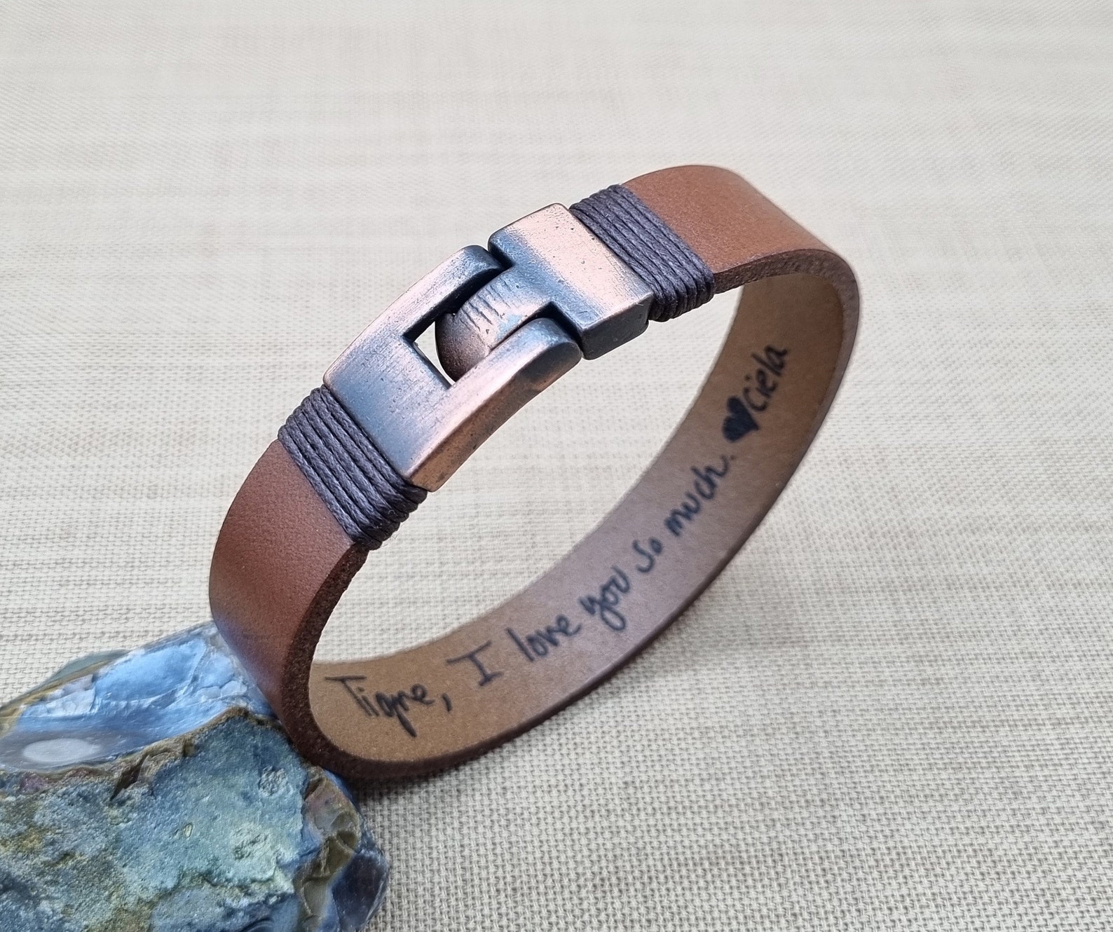 Engraved Leather Bracelet - Personalized Handwriting Hidden Message Gift
