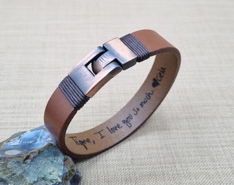 Handwriting Engraved Leather Bracelet - Personalized Hidden Message Gift