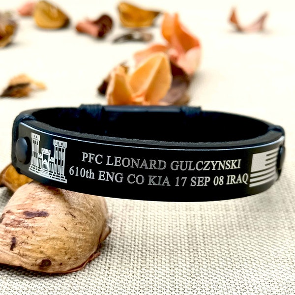 Black Memorial Bracelet, Custom Engraved Military Real Leather Bracelet, Personalized Army KIA POW MIA Rememberance Bracelets for Men/Women