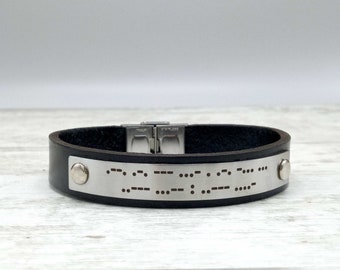 Morse code bracelet, Deep engraved stainless steel morse code leather bracelet, Clasp can be engraved with QR code or symbols, names