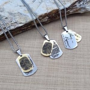 Stainless Steel Dog Tag Set - Custom Fingerprint and Handwriting Engraved Necklace
