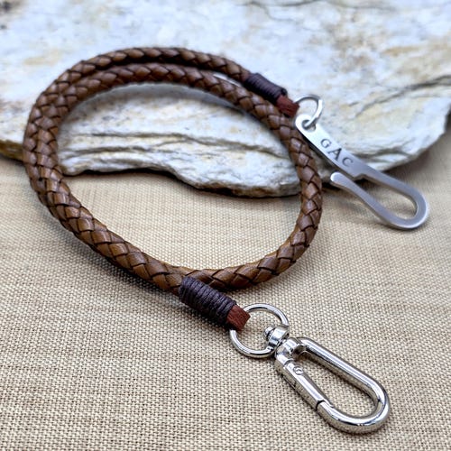 Braided Leather Lanyard with Stainless Steel Hook, Leather Wallet Chain, Security Leather Lanyard for Men