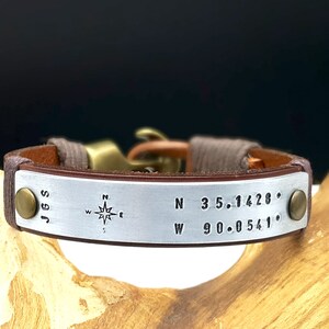 Bronze Anniversary Gift for Husband, 8th or 19th Anniversary Bracelet, Custom GPS Coordinates, Compass Engraved Leather Bracelet, Mens Gift image 10