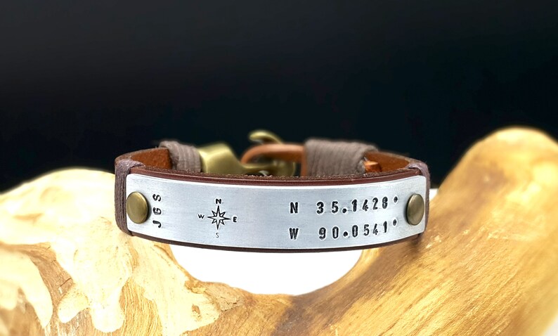 Bronze Anniversary Gift for Husband, 8th or 19th Anniversary Bracelet, Custom GPS Coordinates, Compass Engraved Leather Bracelet, Mens Gift image 10