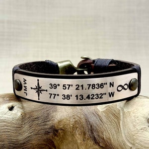 Bronze Anniversary Gift for Husband, 8th or 19th Anniversary Bracelet, Custom GPS Coordinates, Compass Engraved Leather Bracelet, Mens Gift image 1