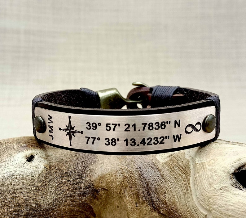 Bronze Anniversary Gift for Husband, 8th or 19th Anniversary Bracelet, Custom GPS Coordinates, Compass Engraved Leather Bracelet, Mens Gift image 1