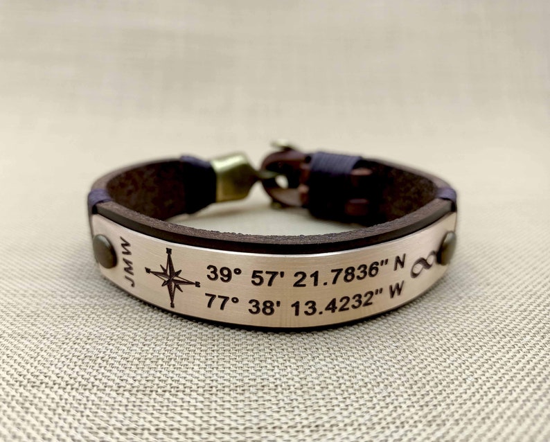 Bronze Anniversary Gift for Husband, 8th or 19th Anniversary Bracelet, Custom GPS Coordinates, Compass Engraved Leather Bracelet, Mens Gift image 8