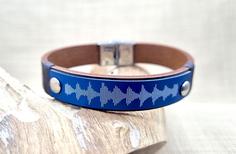 Personalized Soundwave Bracelet, Actual Voice Message link QR Code, Engraved Leather Bracelet, Custom Soundwave Gift For Boyfriend Dark Brown + Blue