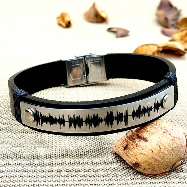 Custom Soundwave Leather Bracelet with Voice Recording • Unique Anniversary Gift for Him • Personalized Audio Keepsake • Beloved Song