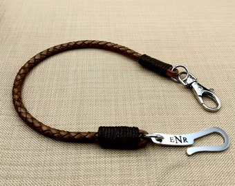 Braided Leather Lanyard with Stainless Steel Hook, Leather Wallet Chain, Security Leather Lanyard for Men