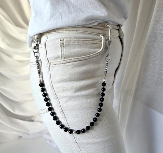 Onyx Beaded Wallet Chain – Sterling Silver Hook, Mens Accessory - Etsy