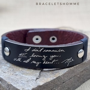 Pulsera de cuero grabada y escrita a mano • Pulsera con firma • Recuerdo conmemorativo • Regalo conmemorativo personalizado con escritura a mano para él