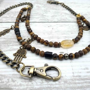 Cadena bohemia para billetera, cadena con dije espiritual para hombre, cadena para jeans con borlas de cuentas, accesorio bohemio para pantalones, regalo para él