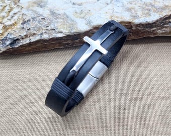 Custom Leather Cross Bracelet, Christian Jewelry, Personalized Religious Gift for Him, Engraving Options for Clasp and Cross